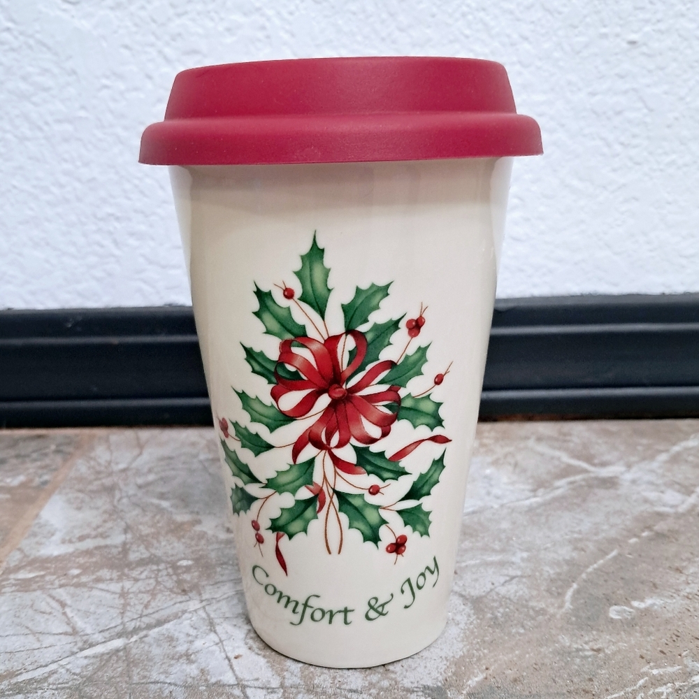 Lenox Ceramic Mug Holiday Edition Reuseable Holly Bow Pattern Collectible